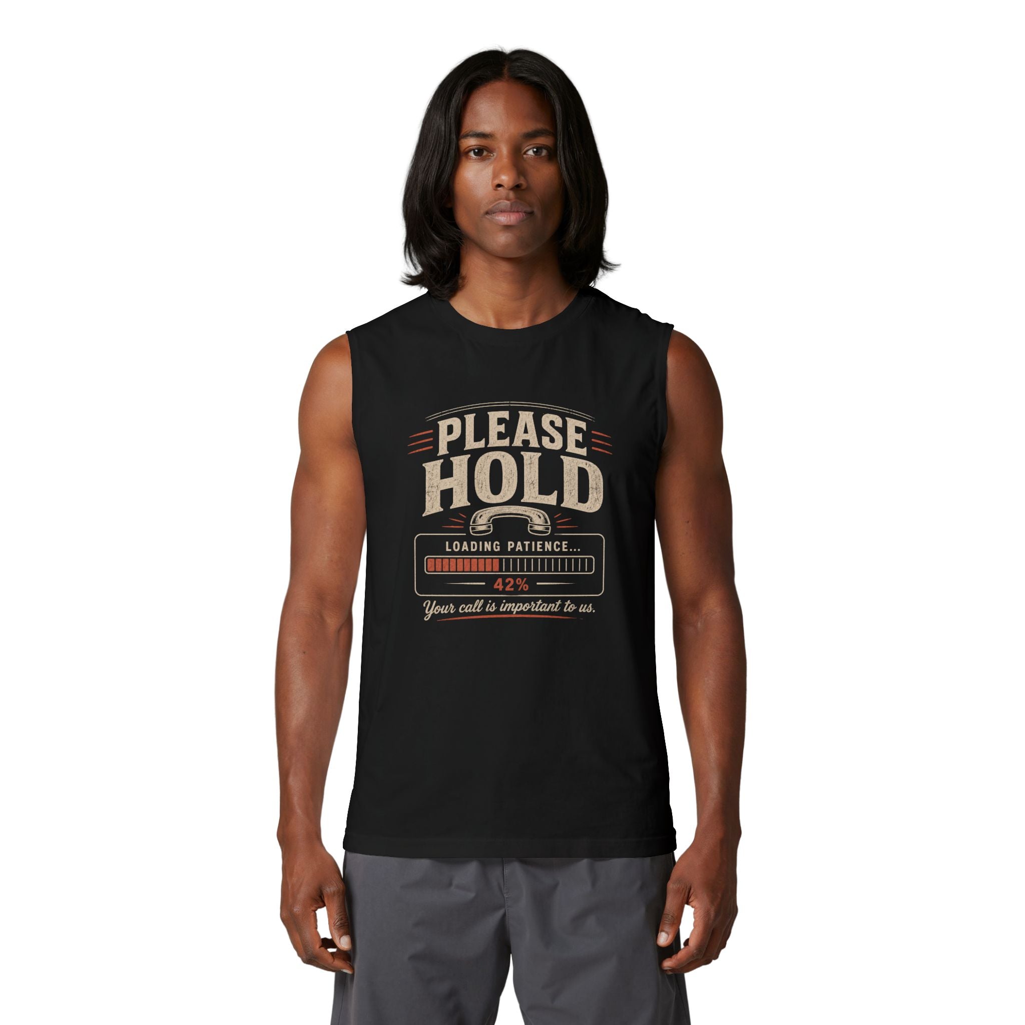 Please Hold Loading Patience Muscle Tank — Funny Patience Graphic Tank Top