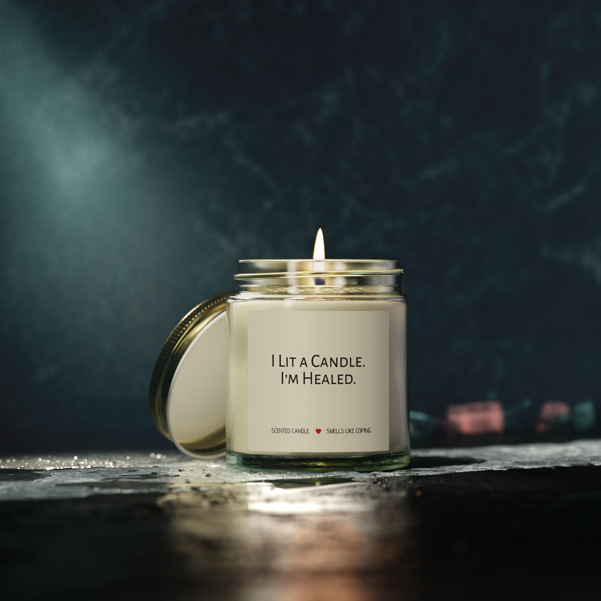 Humorous Scented Soy Candle — Coconut Apricot Soy Jar (“I Lit a Candle. I’m Healed.”)