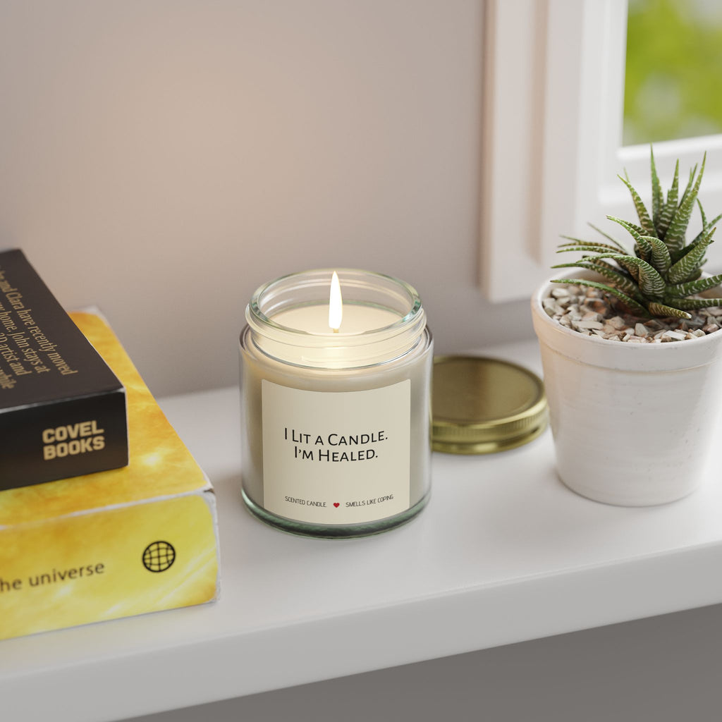Humorous Scented Soy Candle — Coconut Apricot Soy Jar (“I Lit a Candle. I’m Healed.”)