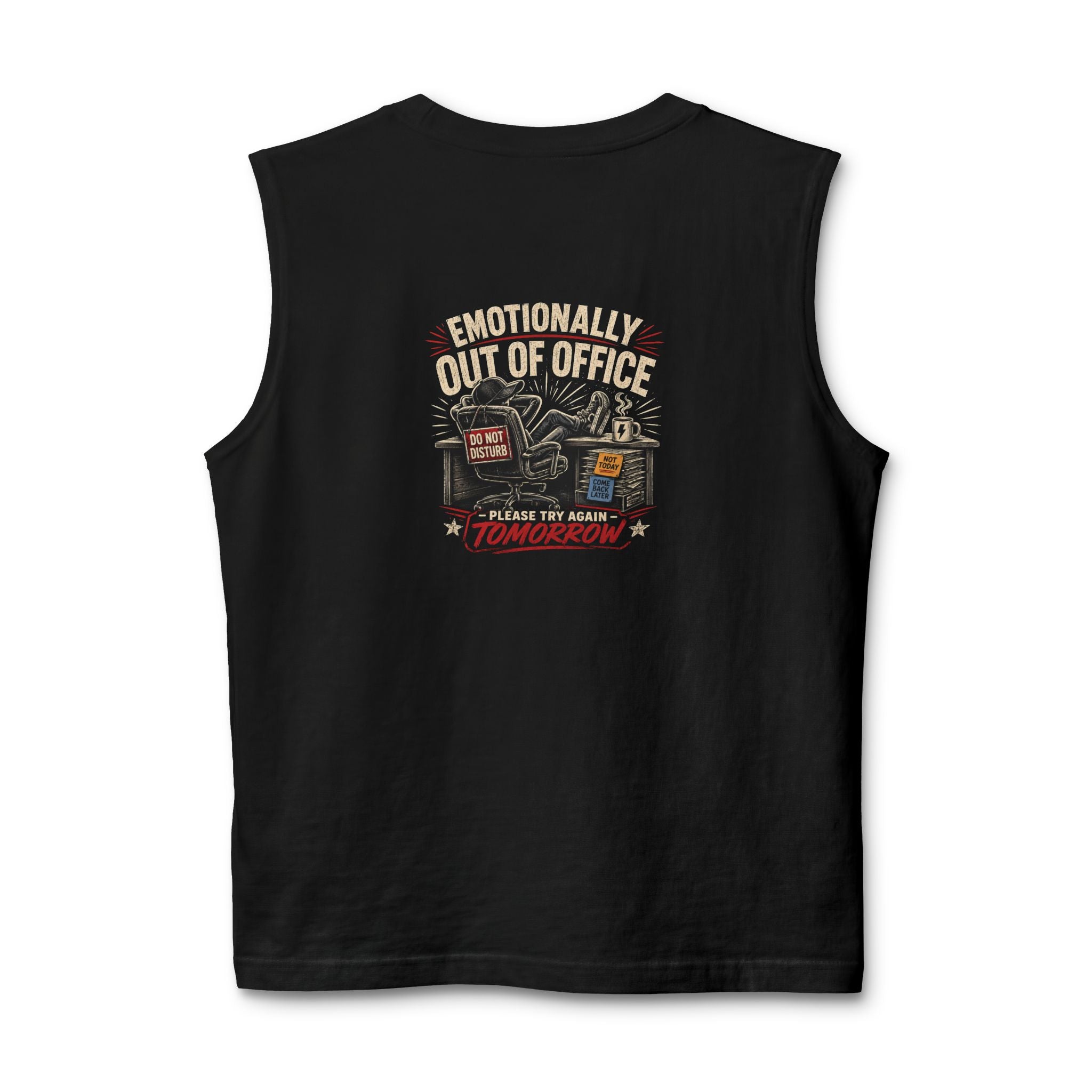 Muscle Tank — "Emotionally Out of Office" Funny Retro Coffee & Couch Graphic
