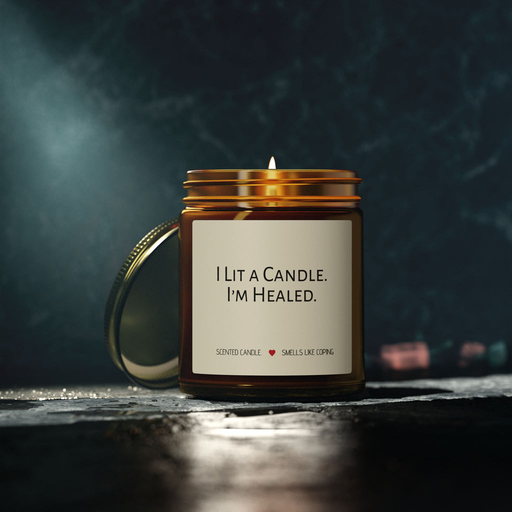 Humorous Scented Soy Candle — Coconut Apricot Soy Jar (“I Lit a Candle. I’m Healed.”)