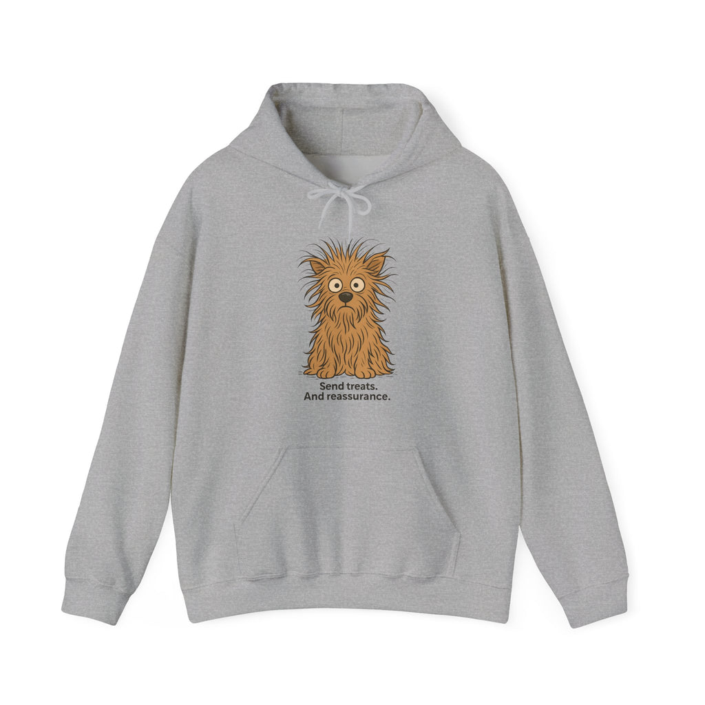Hoodie — Cute Fluffy Dog "Send Treats and Reassurance" Graphic