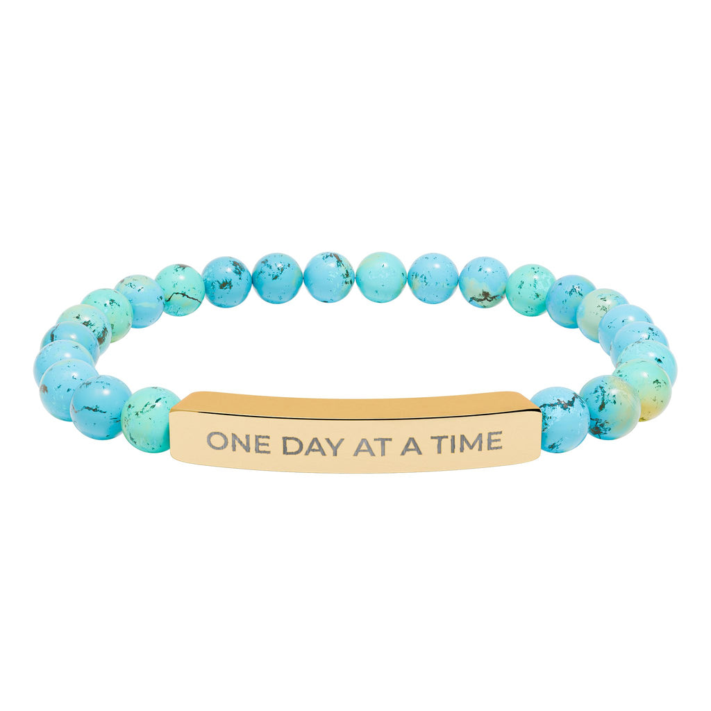 Engraved Natural Stone Stretch Bracelet — "One Day at a Time" Bar
