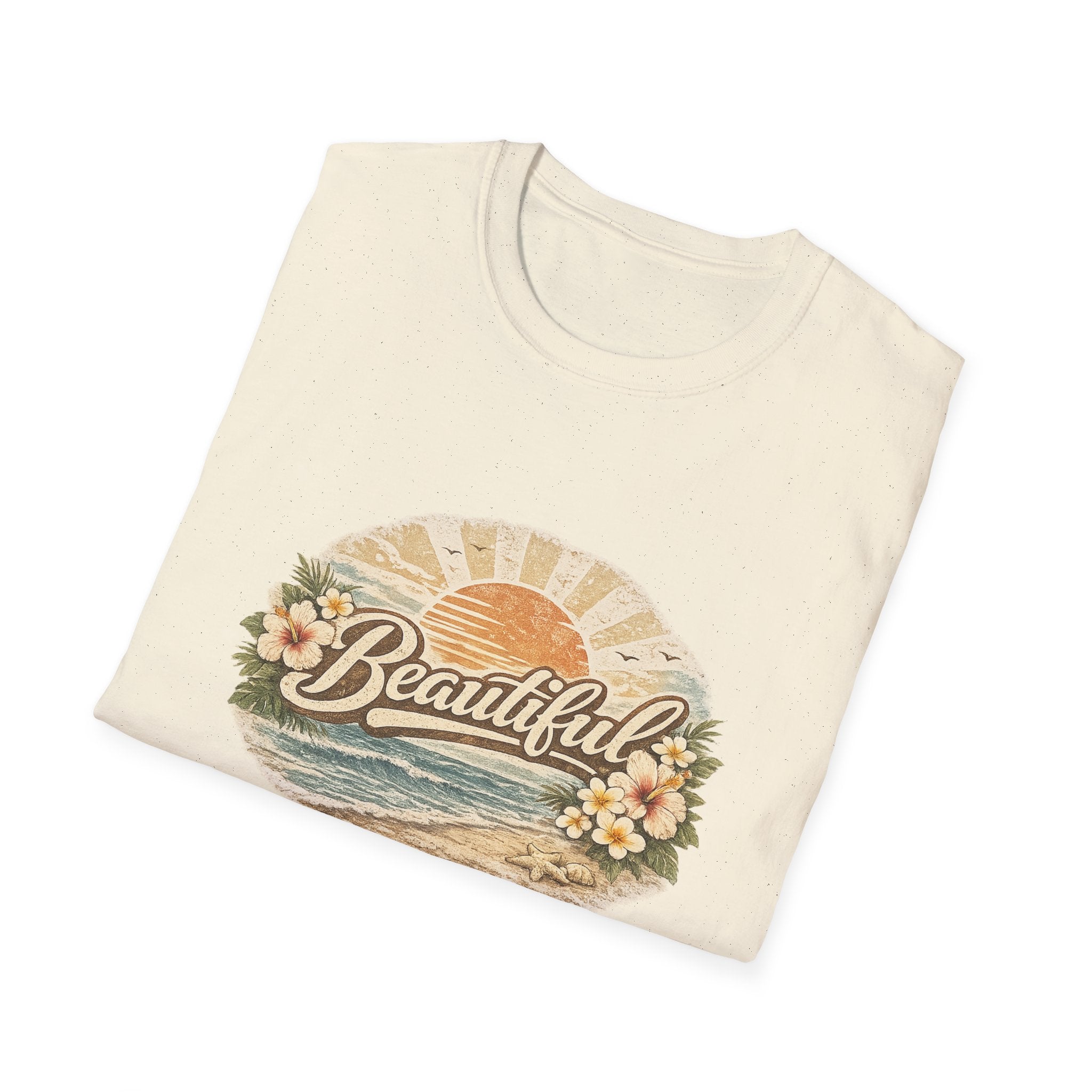 T-Shirt — 'Beautiful' Retro Beach Sunset Floral Graphic Tee