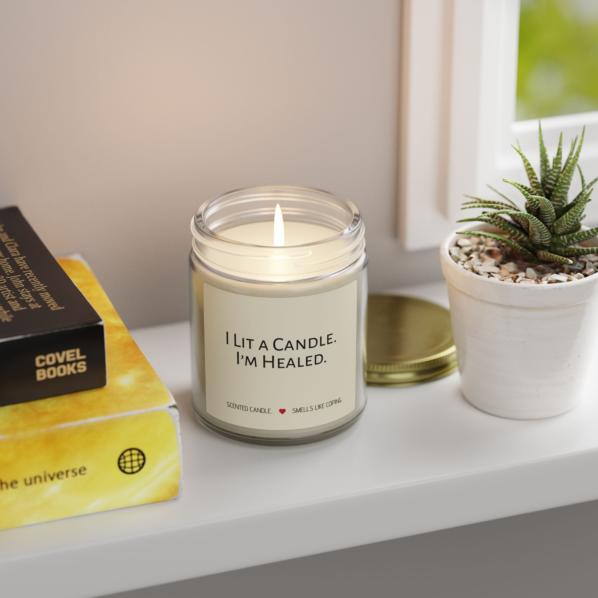 Humorous Scented Soy Candle — Coconut Apricot Soy Jar (“I Lit a Candle. I’m Healed.”)