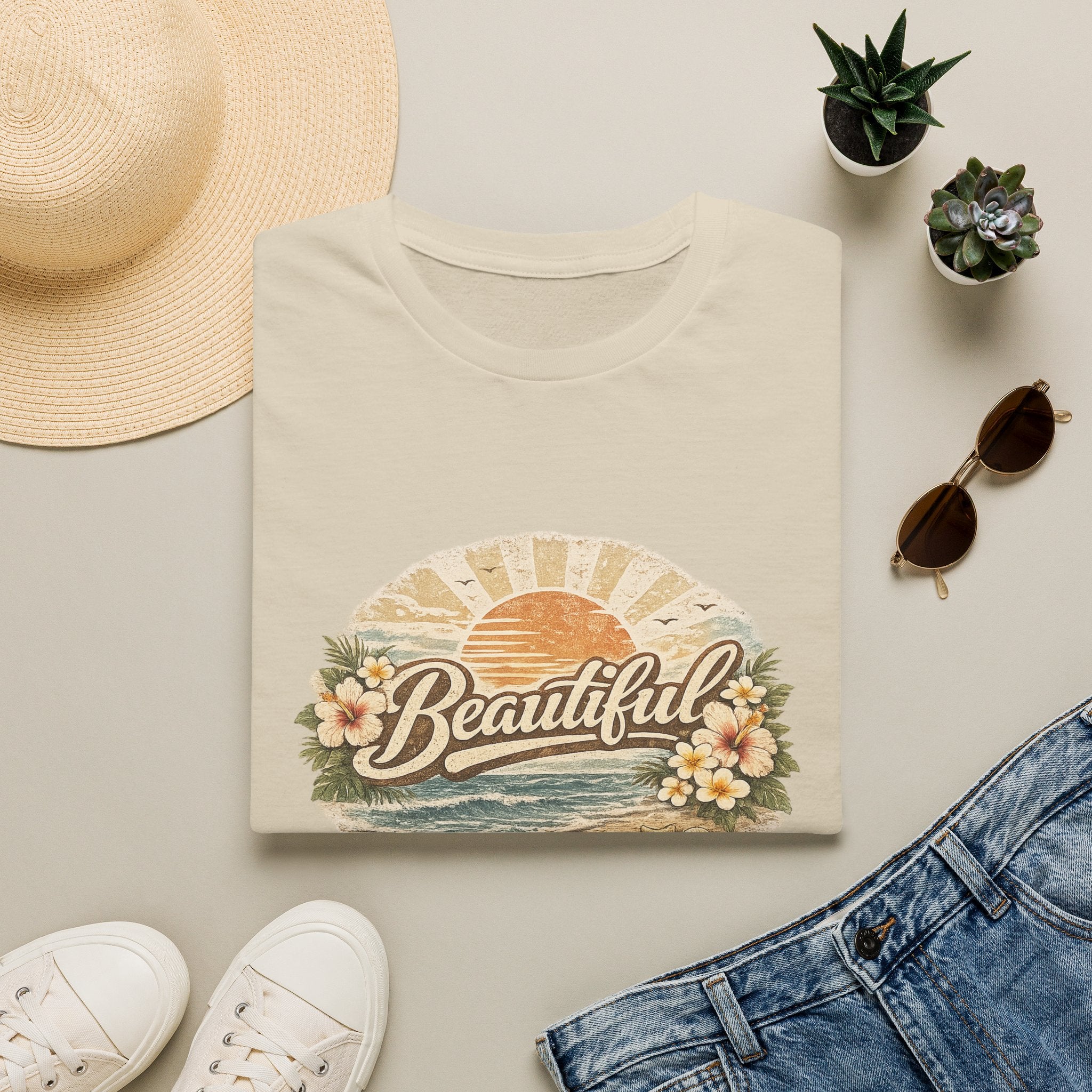 T-Shirt — 'Beautiful' Retro Beach Sunset Floral Graphic Tee