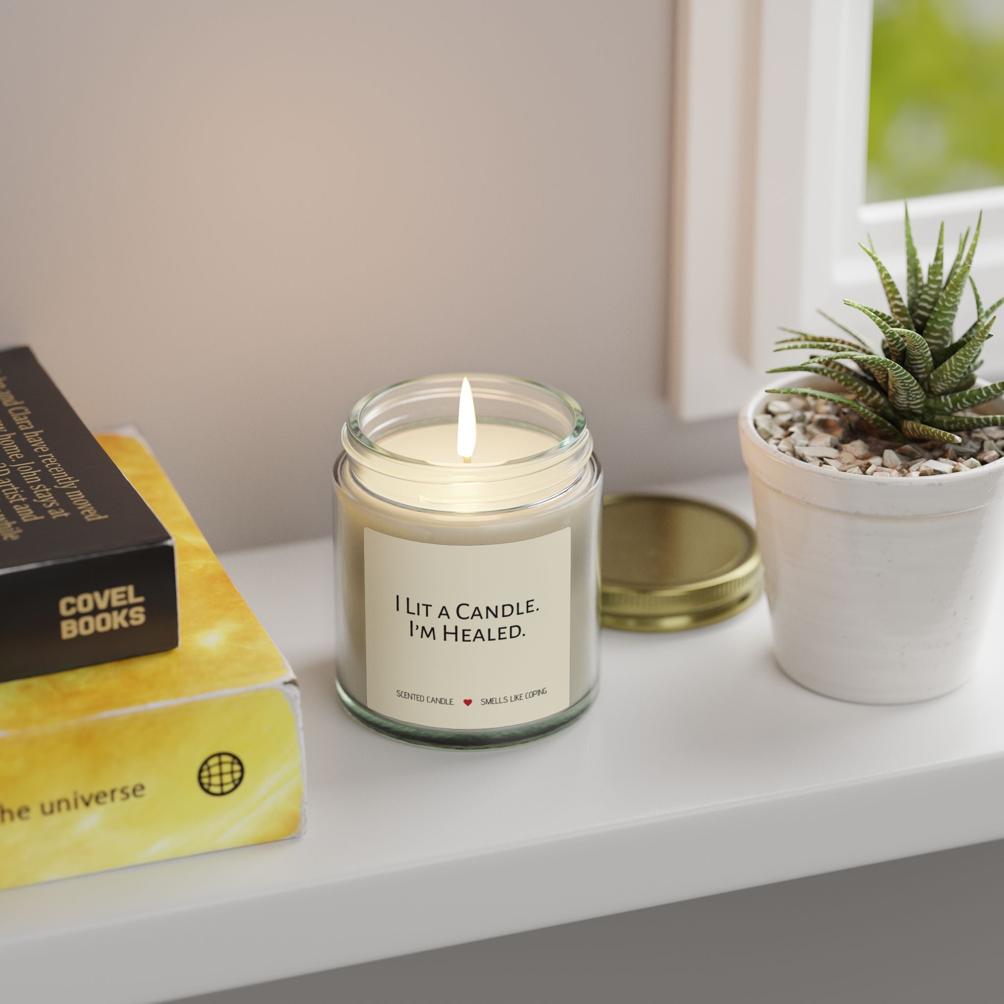 Humorous Scented Soy Candle — Coconut Apricot Soy Jar (“I Lit a Candle. I’m Healed.”)
