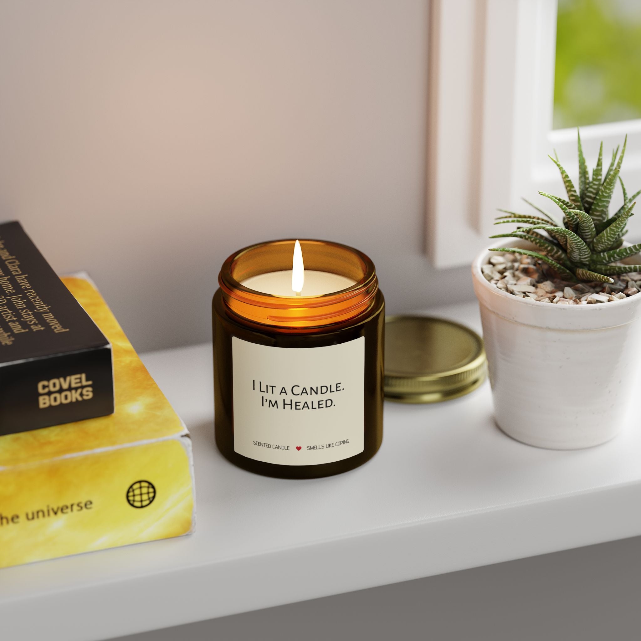 Humorous Scented Soy Candle — Coconut Apricot Soy Jar (“I Lit a Candle. I’m Healed.”)