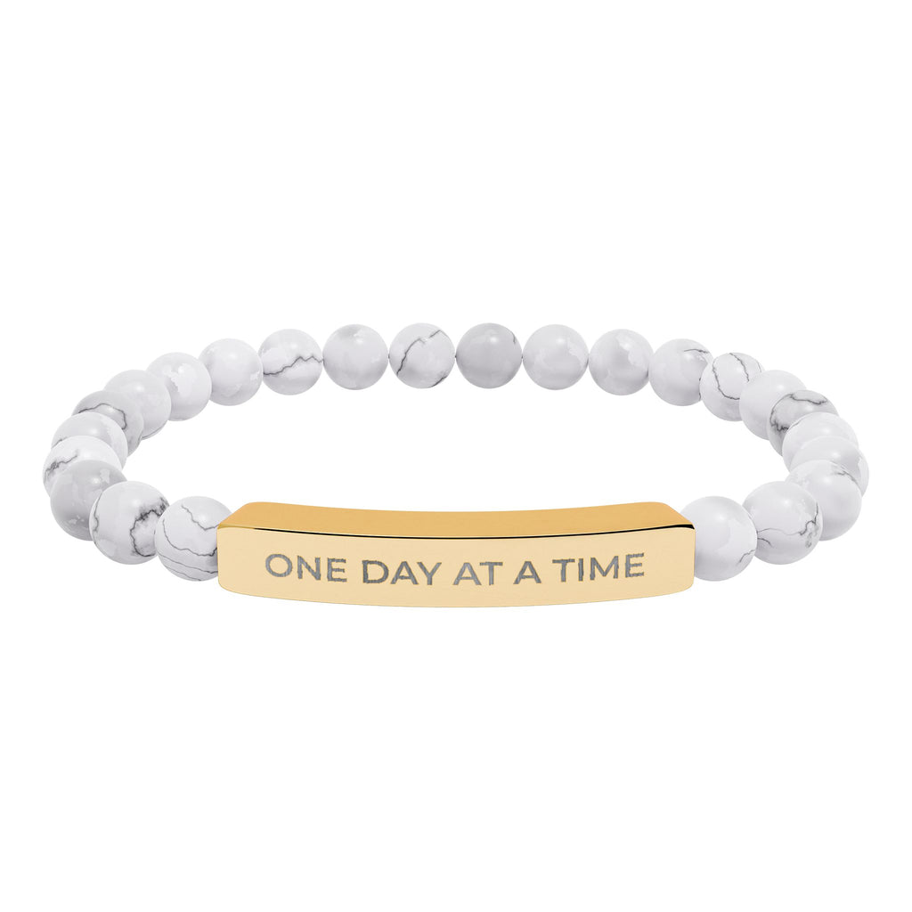 Engraved Natural Stone Stretch Bracelet — "One Day at a Time" Bar