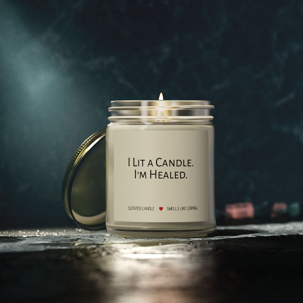 Humorous Scented Soy Candle — Coconut Apricot Soy Jar (“I Lit a Candle. I’m Healed.”)
