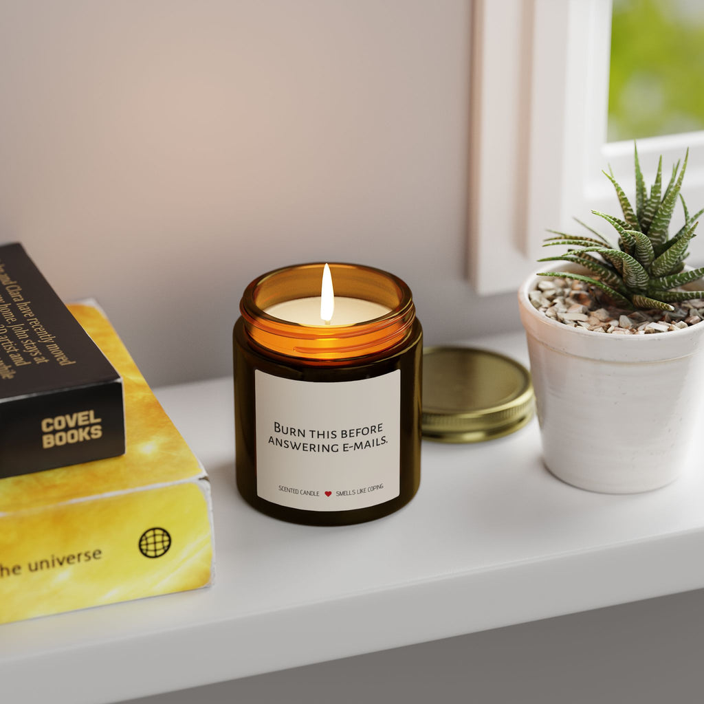 Humorous Scented Candle — "Burn This Before Answering Emails" (Coconut Apricot Wax, 4oz & 9oz)