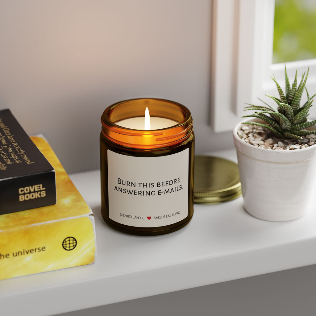Humorous Scented Candle — "Burn This Before Answering Emails" (Coconut Apricot Wax, 4oz & 9oz)