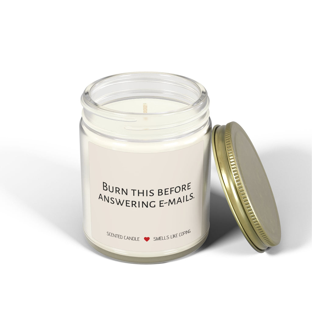 Humorous Scented Candle — "Burn This Before Answering Emails" (Coconut Apricot Wax, 4oz & 9oz)