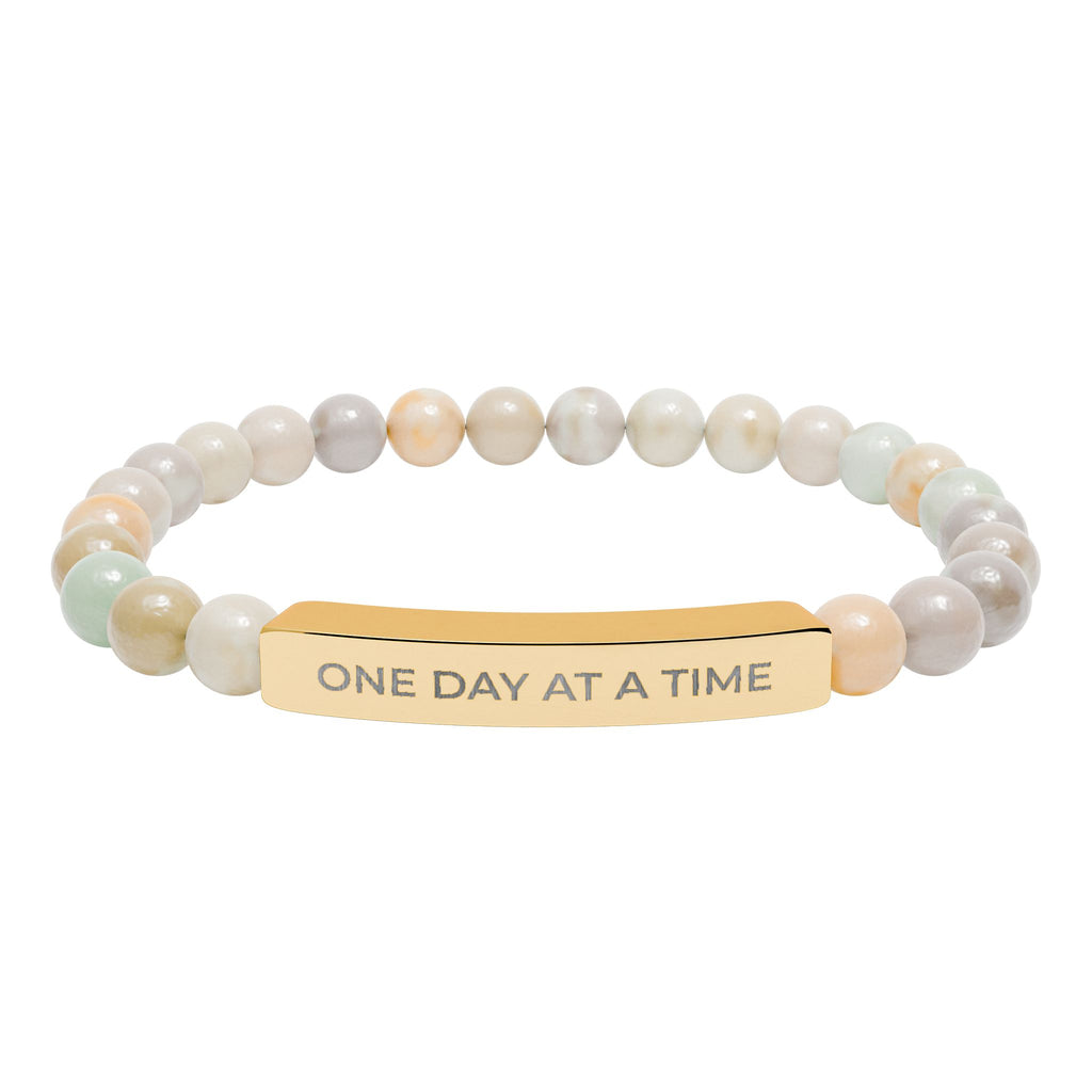 Engraved Natural Stone Stretch Bracelet — "One Day at a Time" Bar