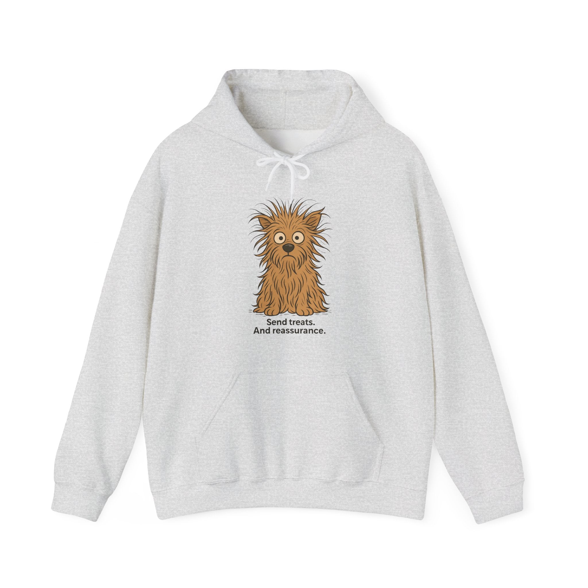 Hoodie — Cute Fluffy Dog "Send Treats and Reassurance" Graphic