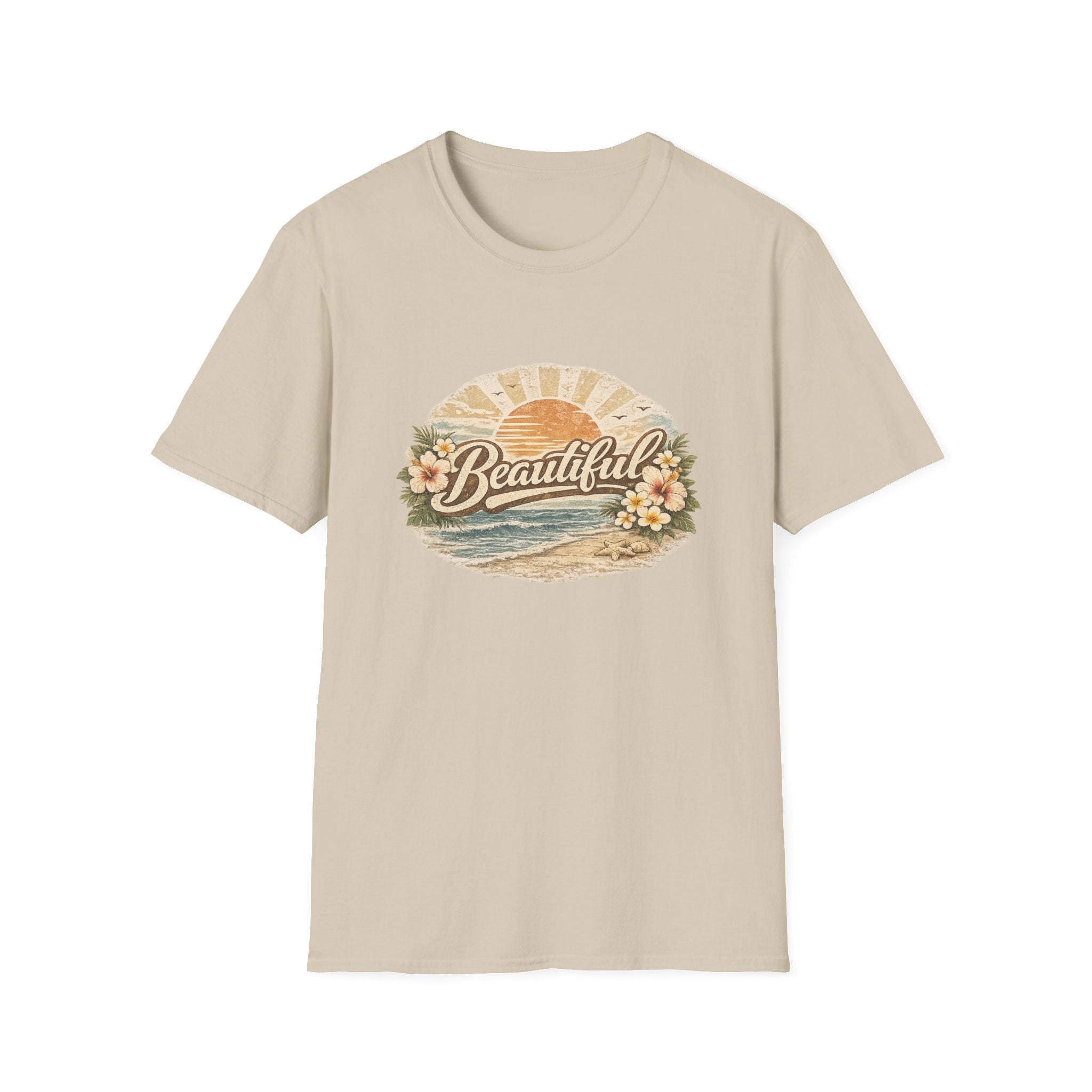 T-Shirt — 'Beautiful' Retro Beach Sunset Floral Graphic Tee
