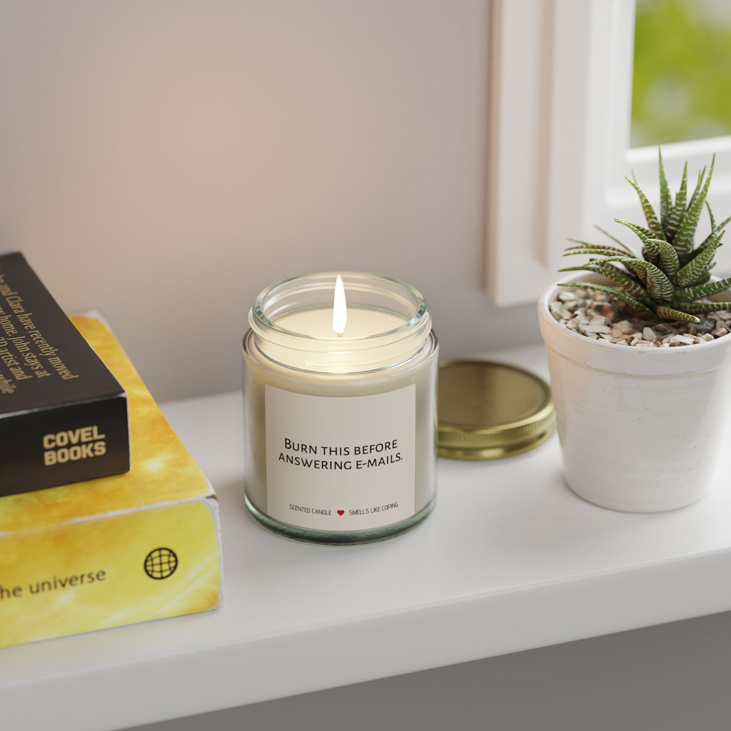 Humorous Scented Candle — "Burn This Before Answering Emails" (Coconut Apricot Wax, 4oz & 9oz)