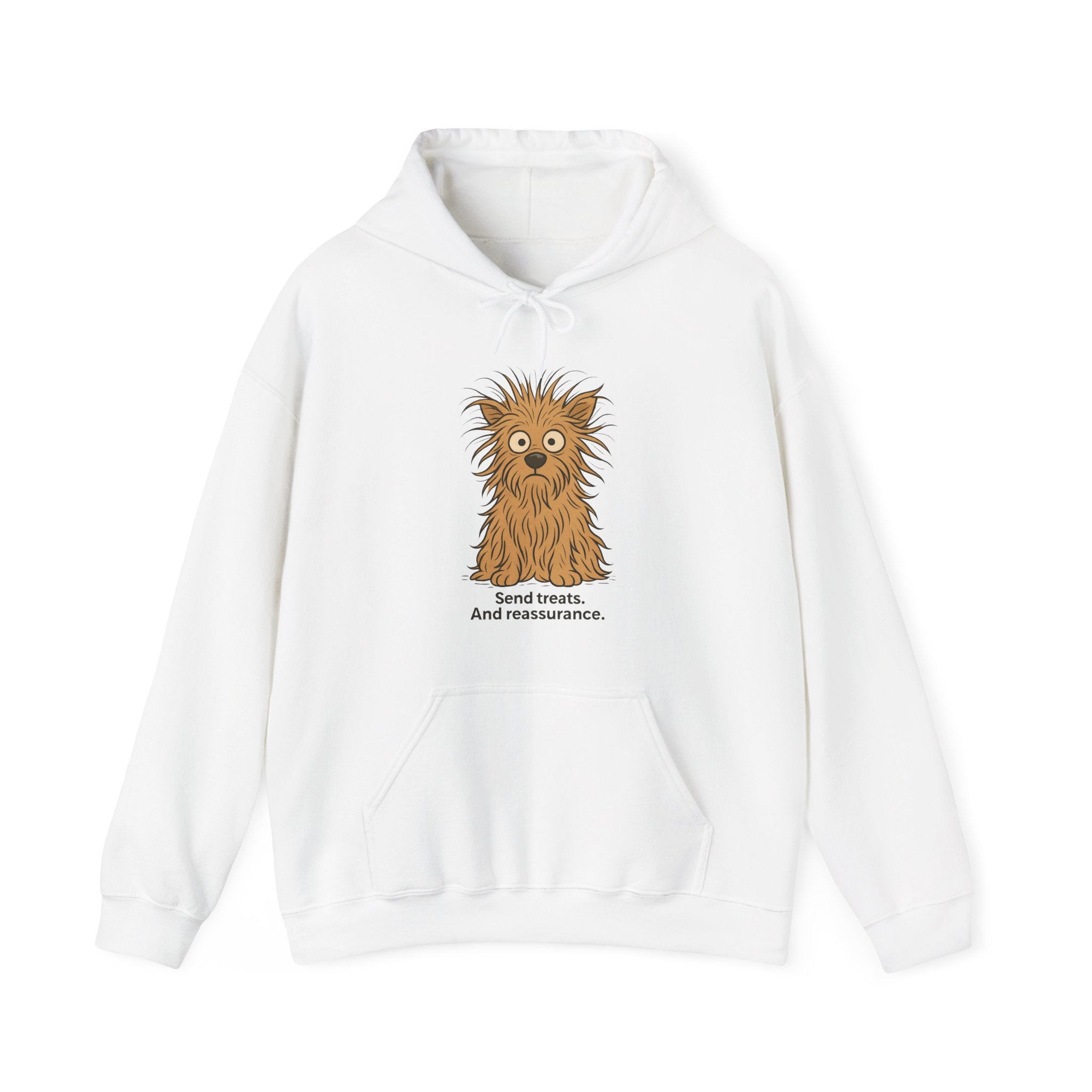 Hoodie — Cute Fluffy Dog "Send Treats and Reassurance" Graphic