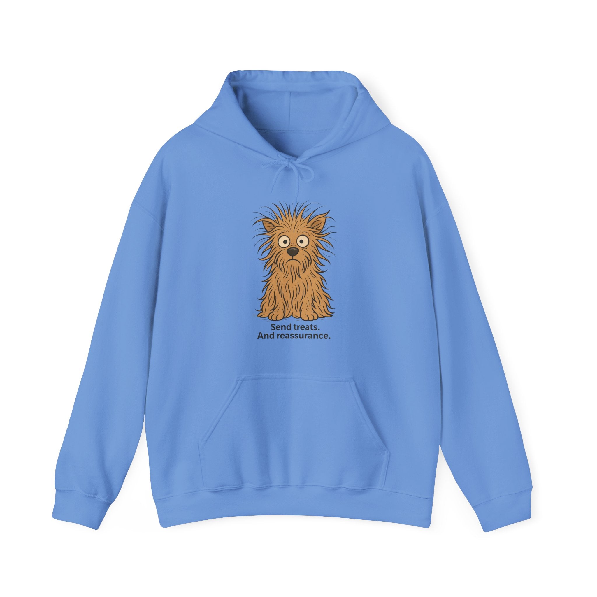 Hoodie — Cute Fluffy Dog "Send Treats and Reassurance" Graphic
