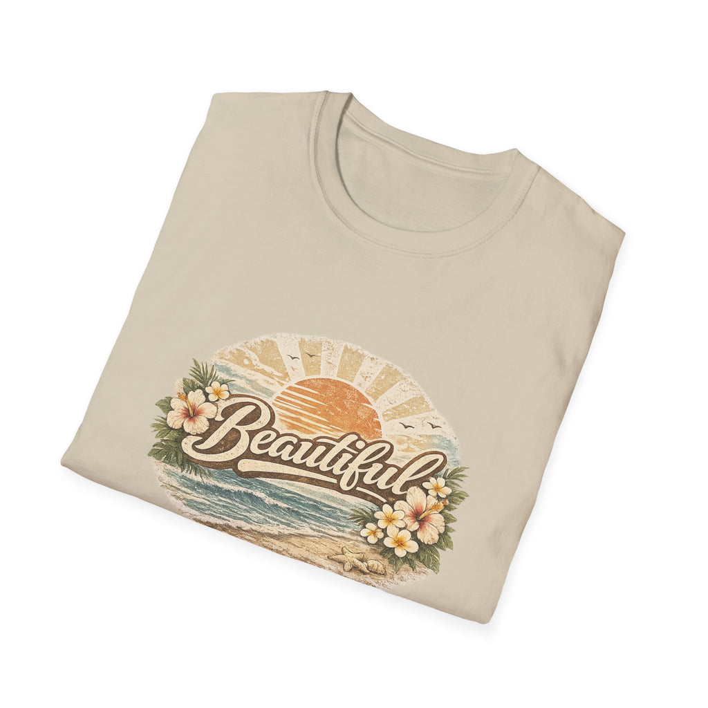 T-Shirt — 'Beautiful' Retro Beach Sunset Floral Graphic Tee