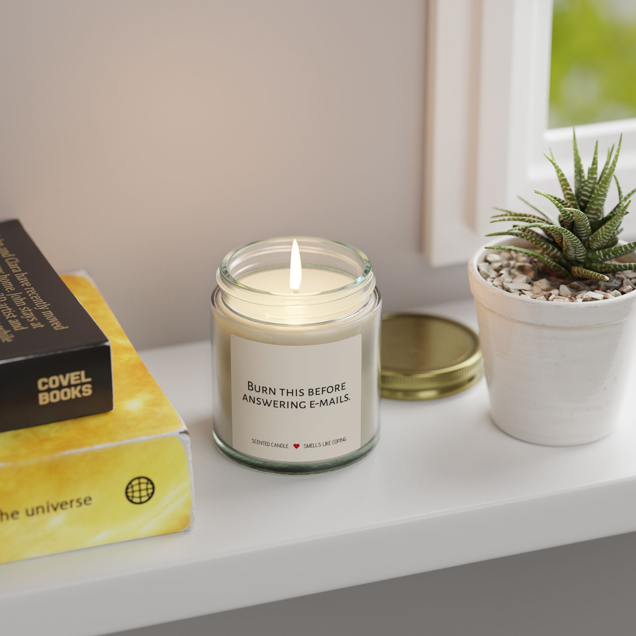 Humorous Scented Candle — "Burn This Before Answering Emails" (Coconut Apricot Wax, 4oz & 9oz)